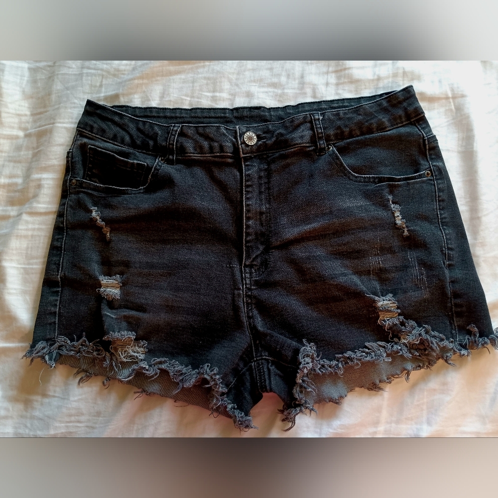 Black Distressed Jean Shorts with Frayed Hem
